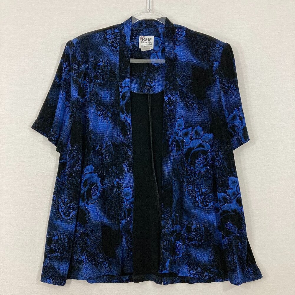 New R & M Richards Black Blue Floral Slinky Knit Short Sleeve Top size 22WP